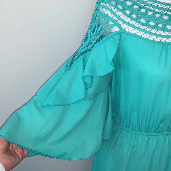 Si Style Turquoise Crochet Ruffle Sleeve Mini Dress Medium - Picture 4 of 9